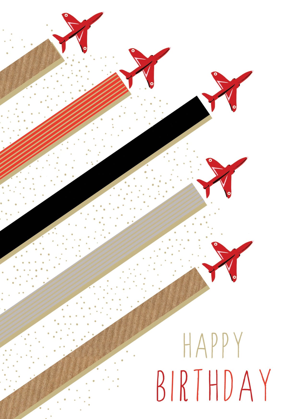 Birthday card with red airplanes flying in formation over striped and textured bands, with 'Happy Birthday' text.
