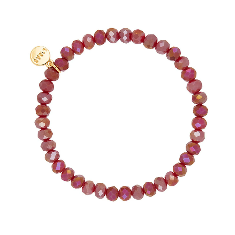 Lizas Quadro Big crystal stretch bracelet in faceted bright red beads with a gold logo charm.