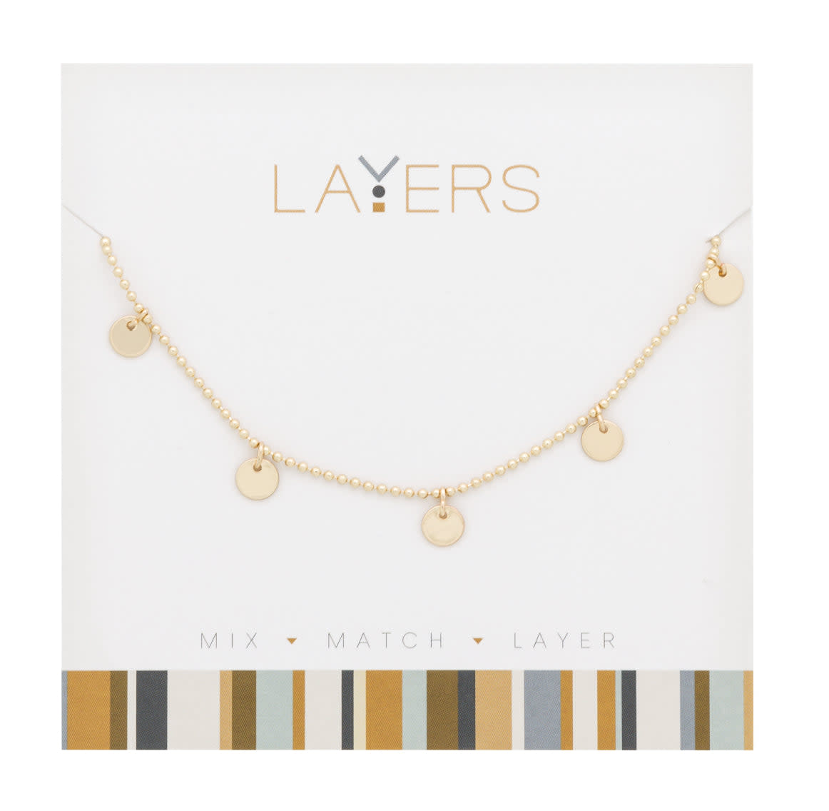Gold beaded necklace with five flat disc charms on a white display card labeled LAYERS.