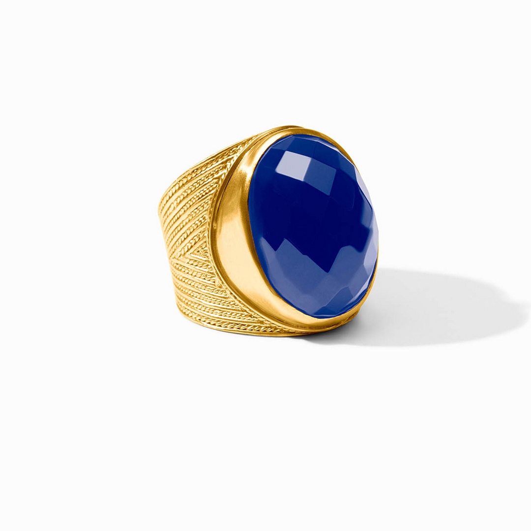 Verona Statement Ring in 24K gold plate with a large faceted blue rose cut gemstone.
