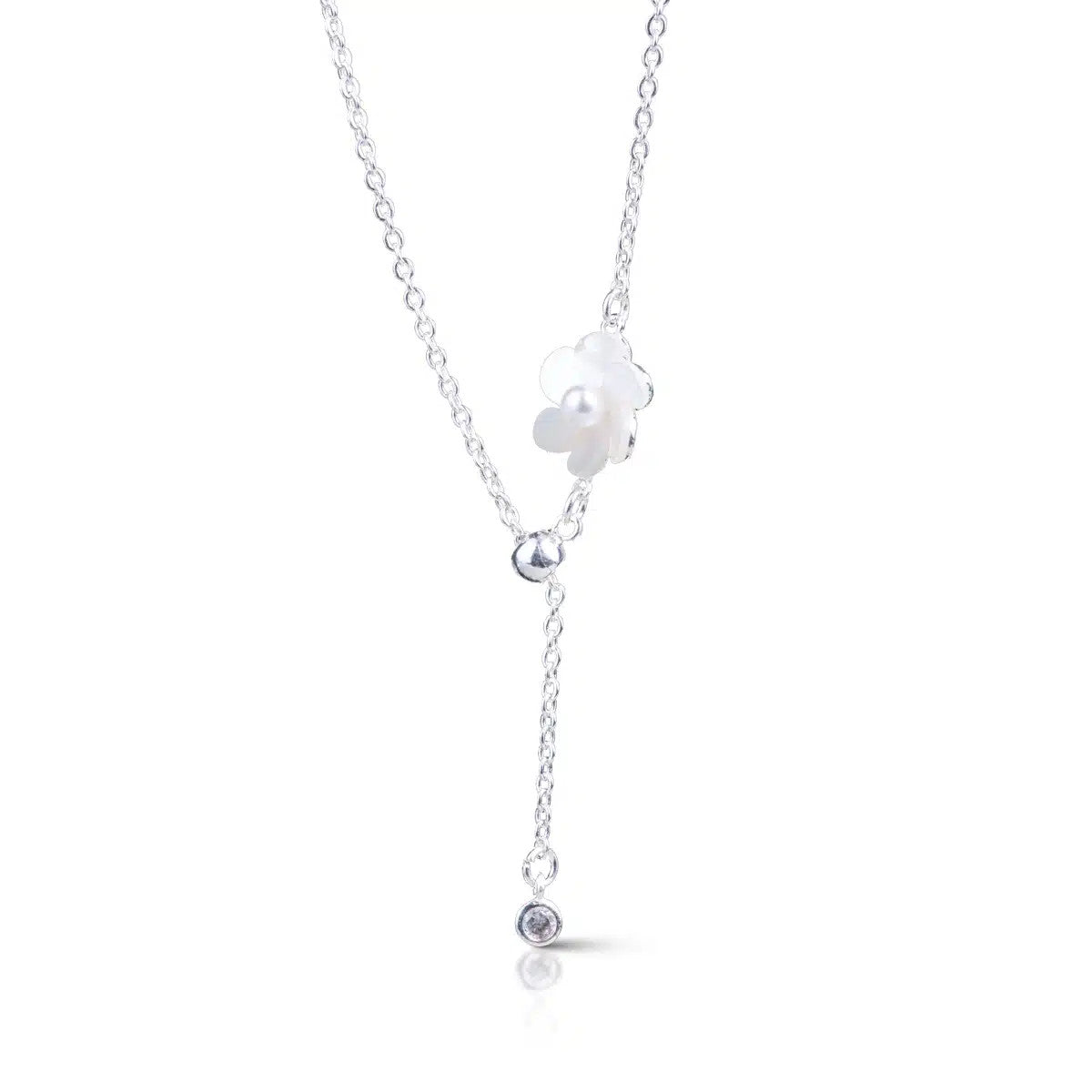 Silver fan flower necklace with mother of pearl petals, a central pearl, and a CZ drop pendant.