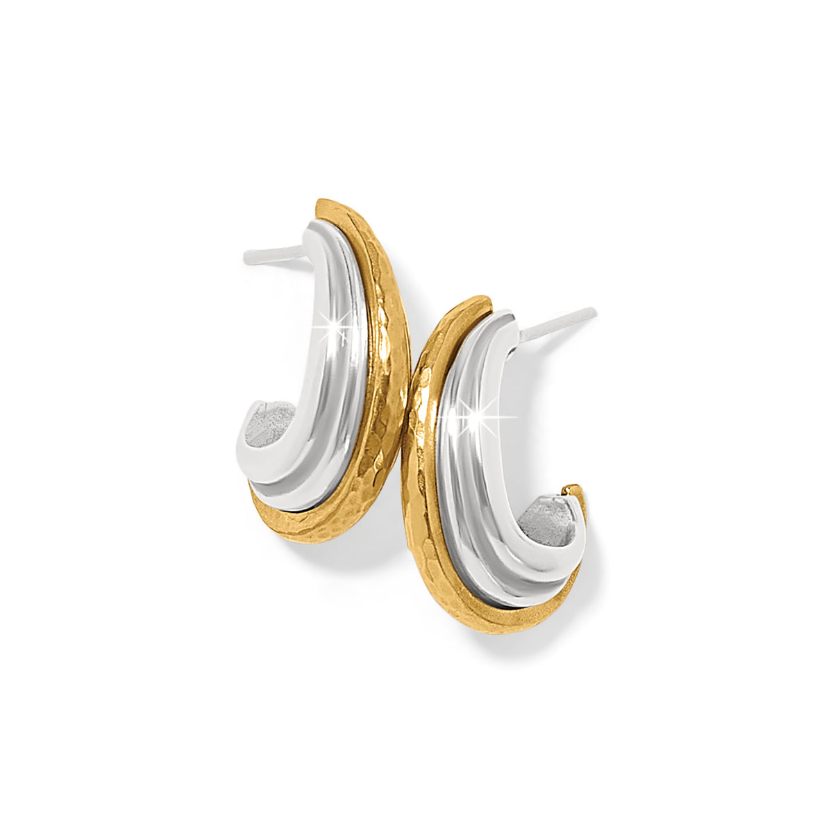Silver-gold two-tone post hoop earrings with flat disc backs