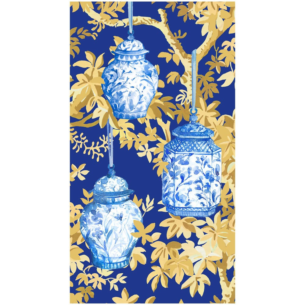 Ginger Jars Dark Blue Guest Towel featuring blue and white jars hanging from gold tree branches.