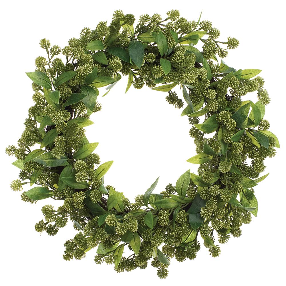 Cream green soft PE sedum wreath with Japanese climbing fern accents on metal wire frame