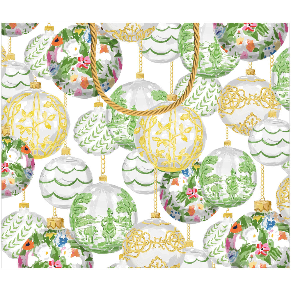 Large horizontal gift bag with cheerful colorful prints on durable paper featuring strong handles.