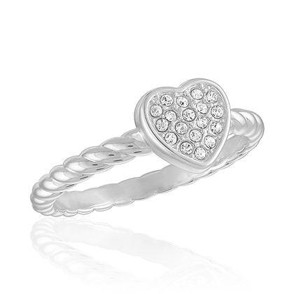 CZ heart with twisted band stack ring in silver with clear stones.