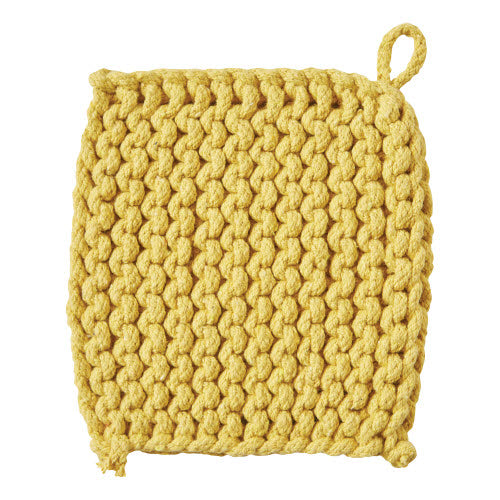 Crochet trivet potholder made from white cotton with a textured openwork pattern and rounded square silhouette.