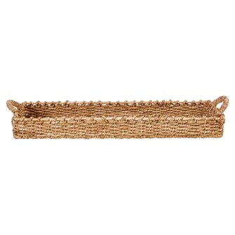 Hand-woven seagrass tray with two handles in natural beige tones
