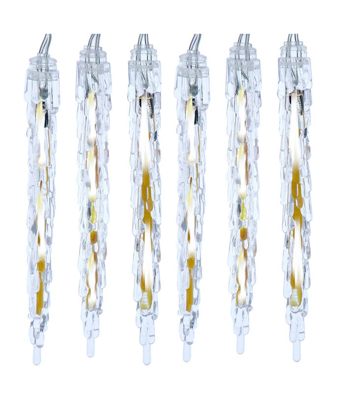 Set of ten cool white LED icicle lights on plastic bodies with copper wiring.