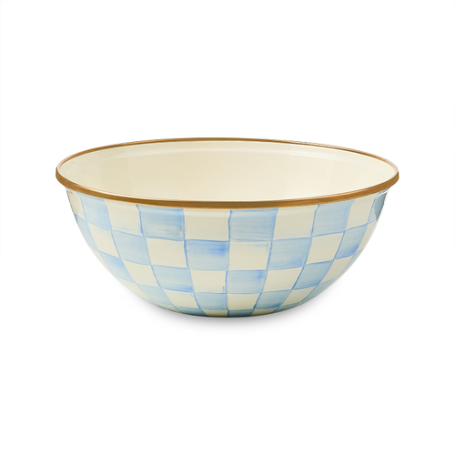 Hand-glazed medium everyday bowl with Sky Blue Check decoration on steel body and bronzed stainless steel rim.