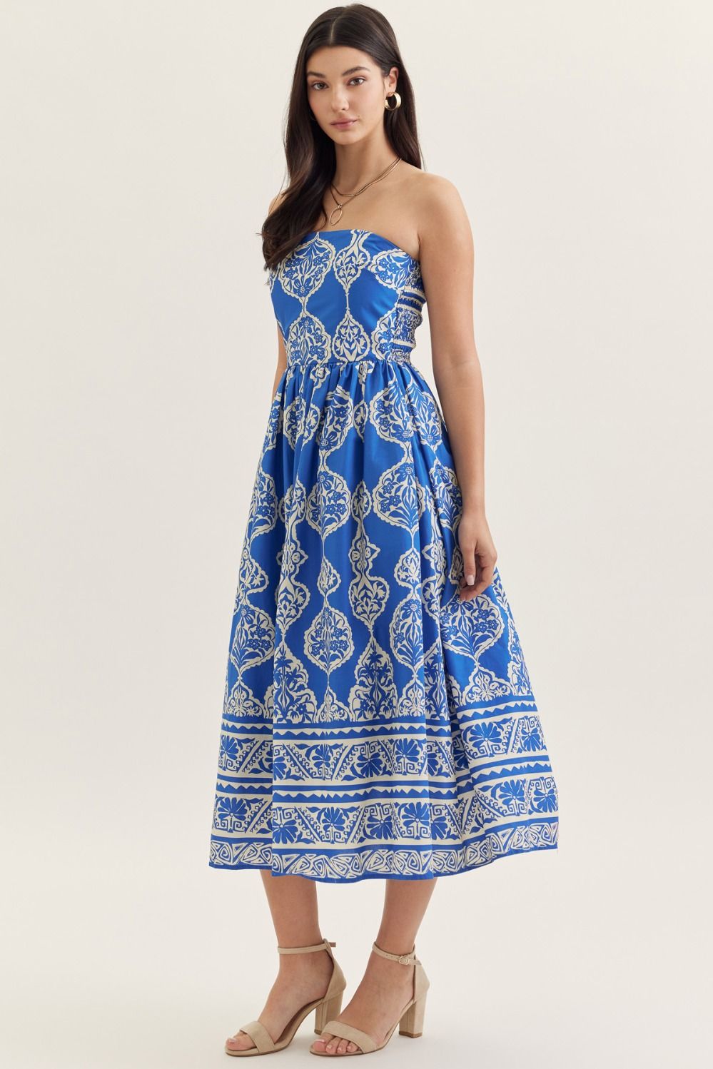 Smocked back strapless midi dress in white cotton with side pockets