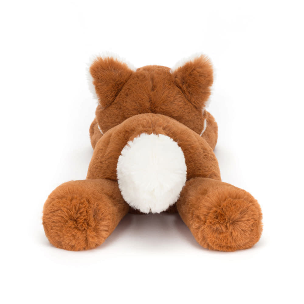 Dark orange polyester Smudge Fox plush cub with cream ears, muzzle, tail tip, and trumpet legs sitting.