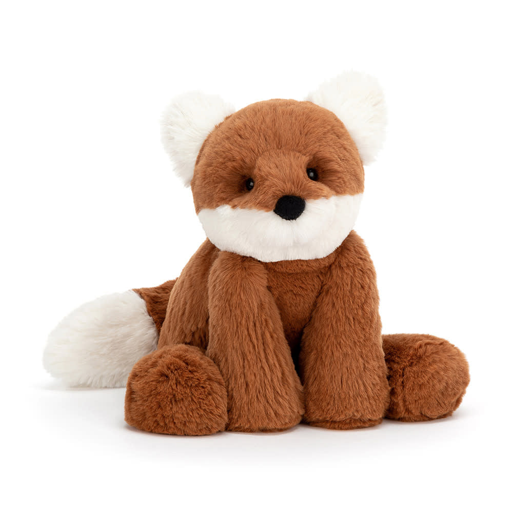 Dark orange polyester Smudge Fox plush toy with cream ears, muzzle, tail tip, and trumpet legs.