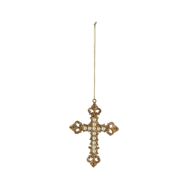 Gilded pewter cross ornament with faux pearl accents and a gold hanging string.