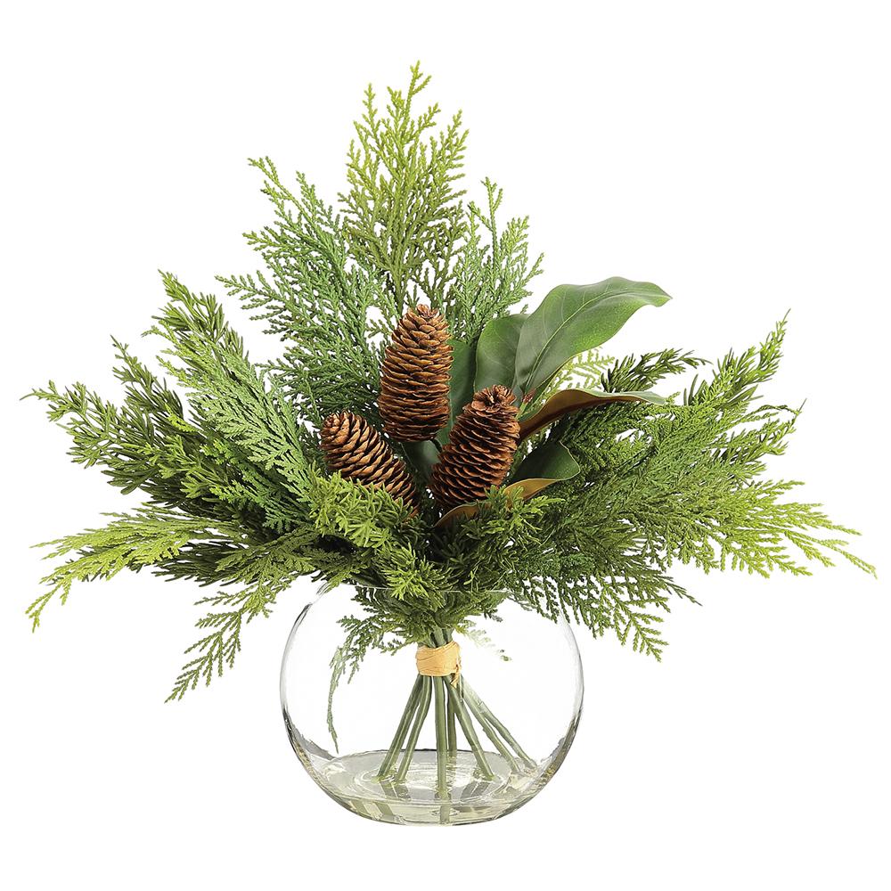 16-inch pine cone, magnolia leaf, and pine arrangement in a round glass vase with faux water.