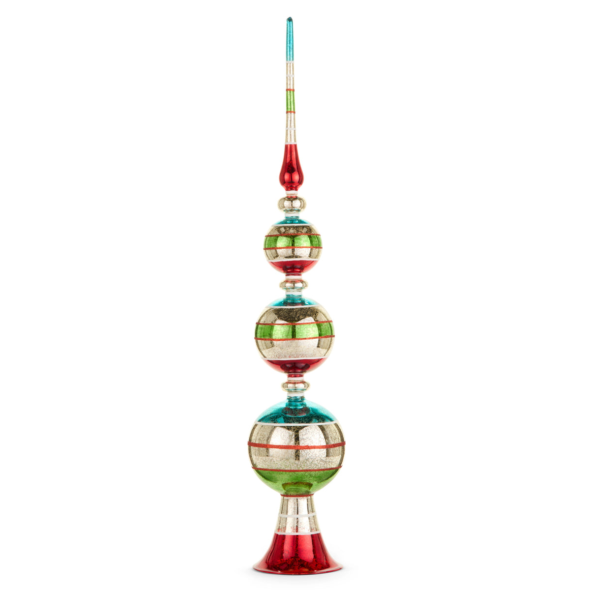 33-inch tall multicolor glass finial tree topper with striped blue, green, red, and silver spheres.