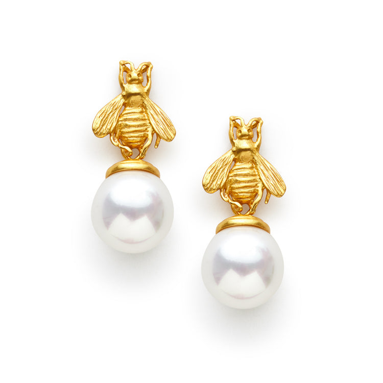 Bee Pearl Drop Earring: whimsical bee perched on a 12mm shell pearl drop with gold plate finish