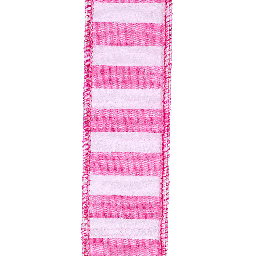 1-1/2 inch pink and white horizontal cabana stripe dupioni ribbon with wired edge.