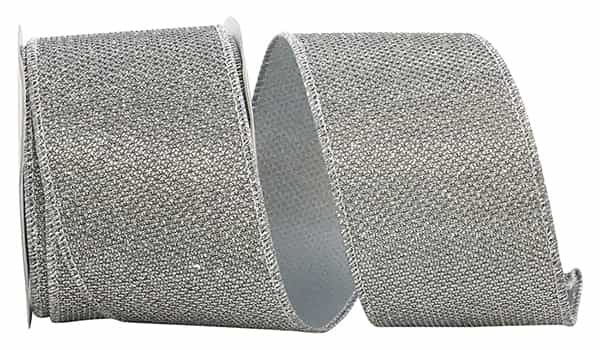 Silver metallic wire edge ribbon with a glistening finish.