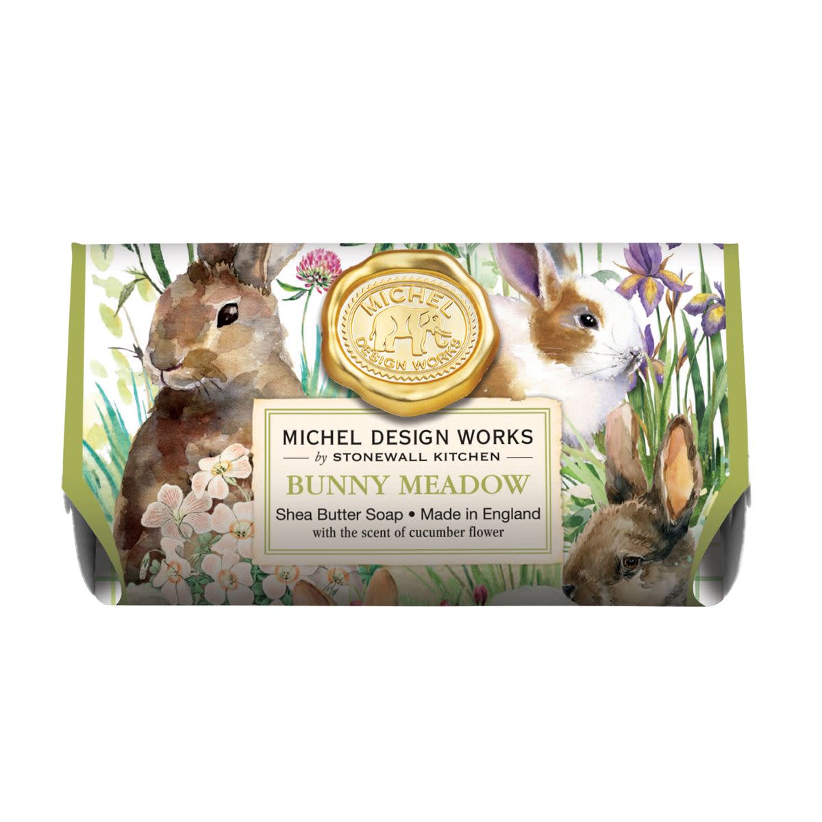 Michel Design Works Bunny Meadow shea butter soap bar with a watercolor rabbit and floral design.