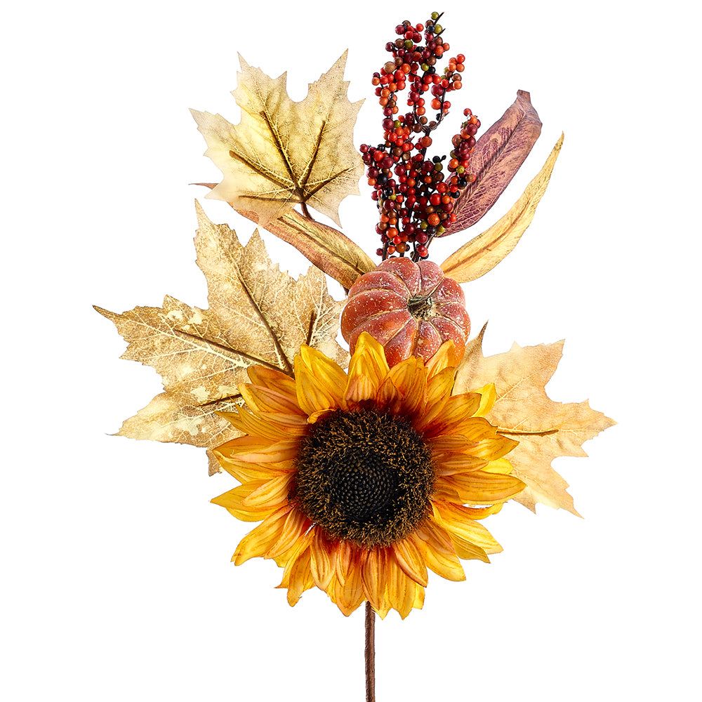 18-inch fall floral spray with a large sunflower, small pumpkin, red berries, and golden leaves.
