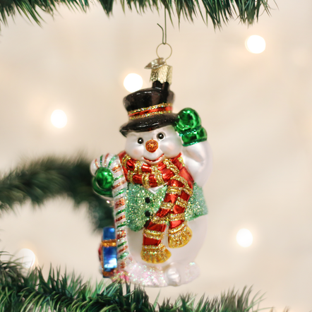 Candy Cane Snowman ornament with red and white striped pattern on a glossy finish.