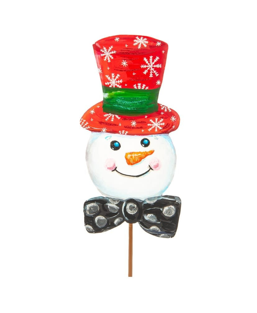 Red snowman stake decoration with white accents standing upright.