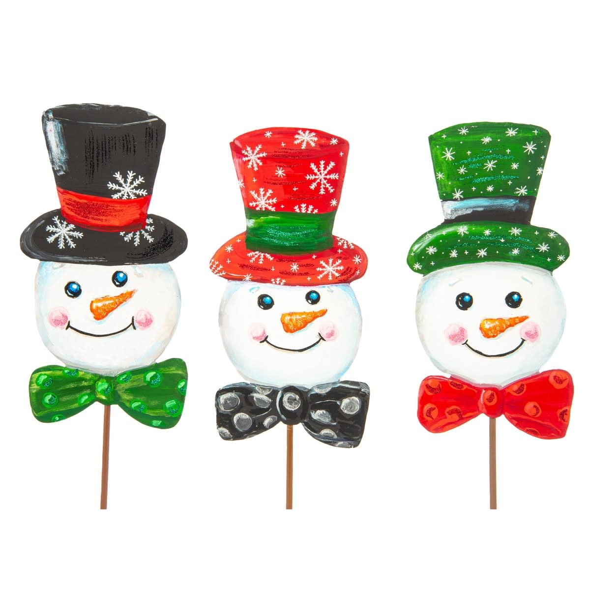 Snowball Snowmen decorative stake featuring a white snowman silhouette with black eyes.