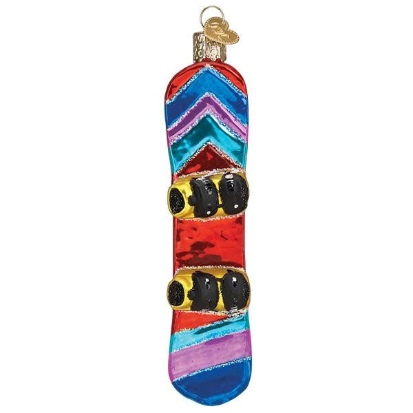Snowboard ornament with a curved board shape in white and blue tones.