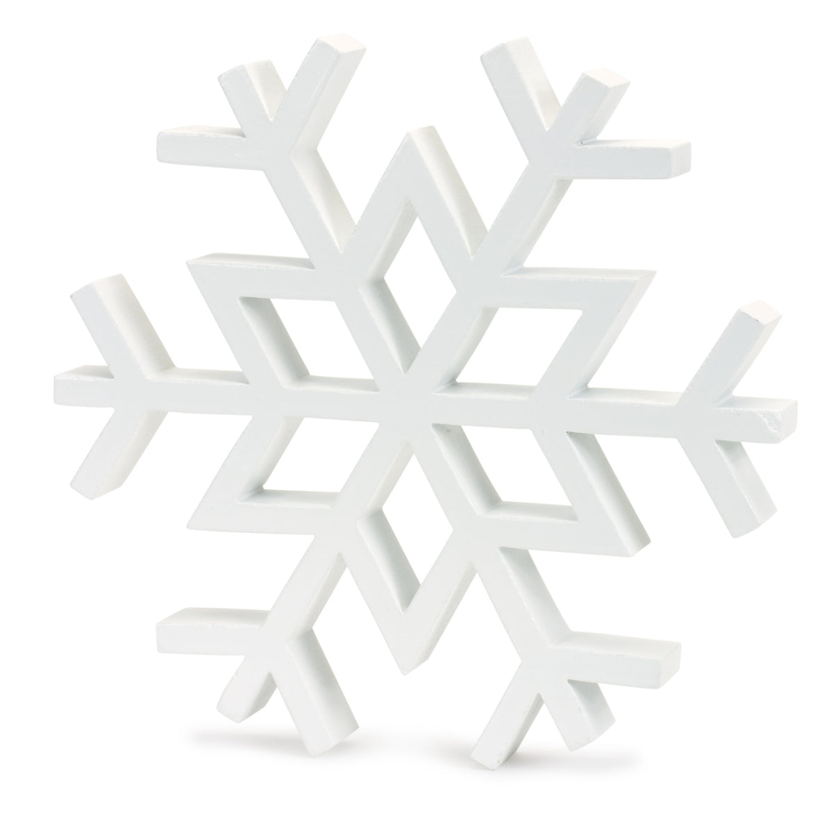 Wooden snowflake ornament with intricate cutout patterns in a white finish.