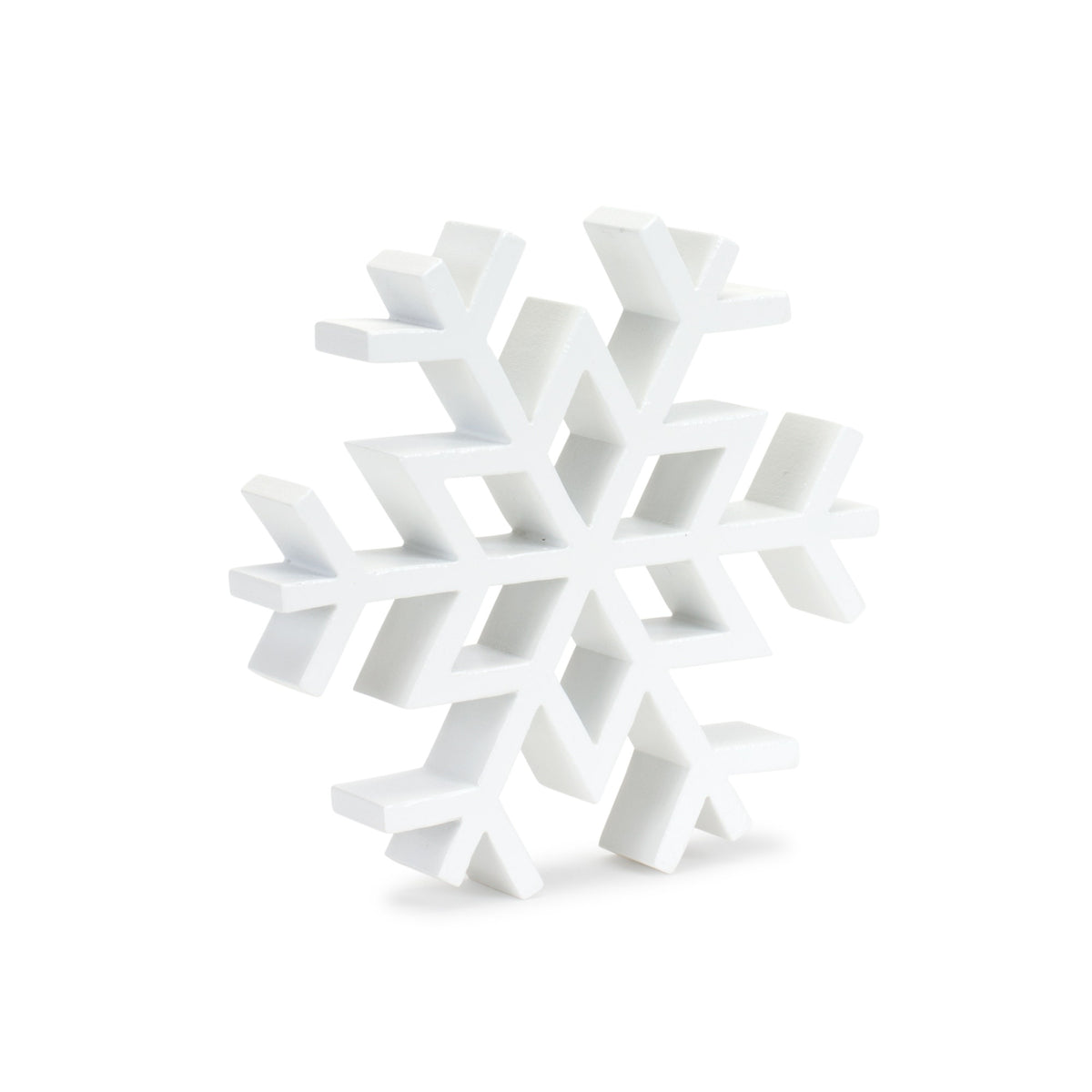 Wooden snowflake ornament with intricate cutout patterns in a white finish.