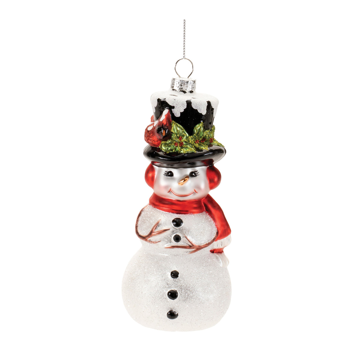 Hand-blown glass snowman ornament with top hat, scarf, holly, and glitter.