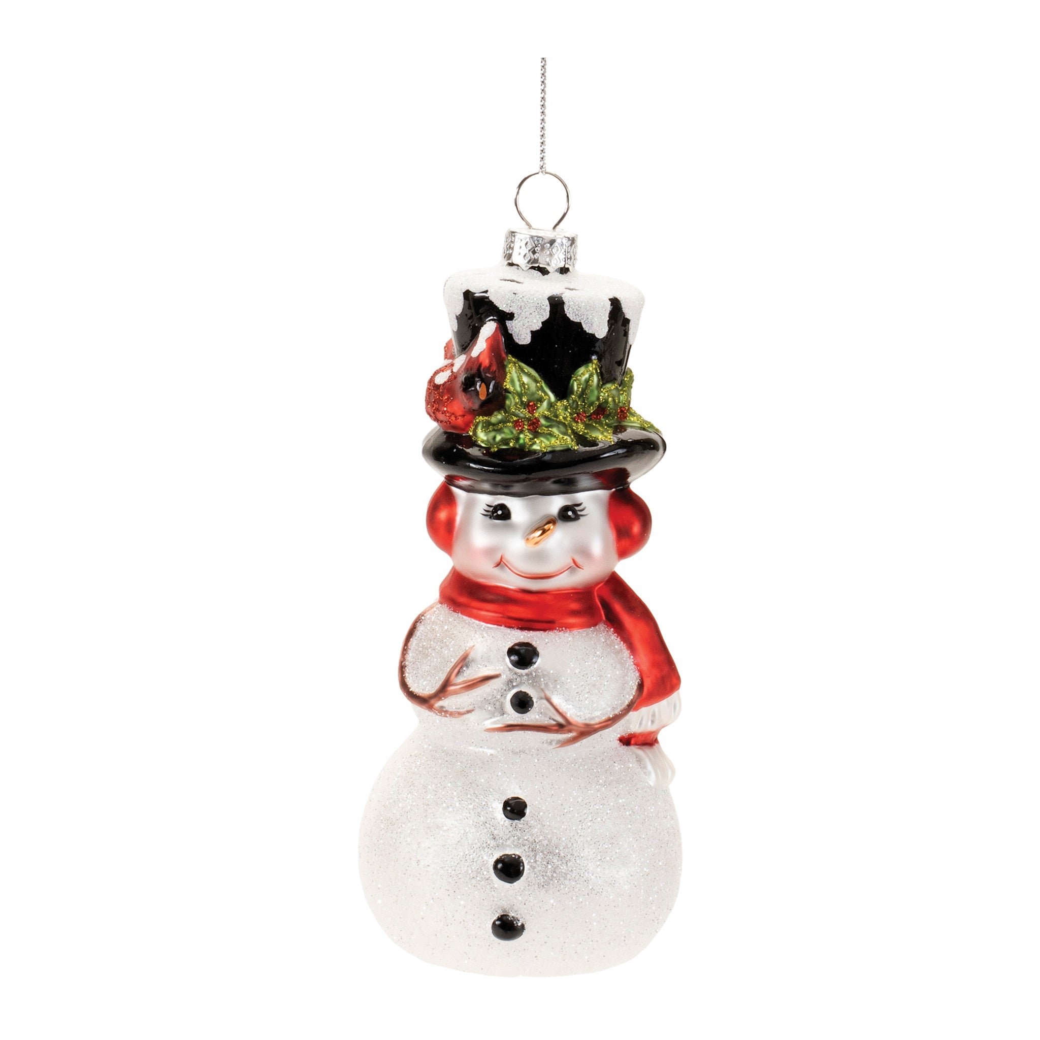 Hand-blown glass snowman ornament with top hat, scarf, holly, and glitter.