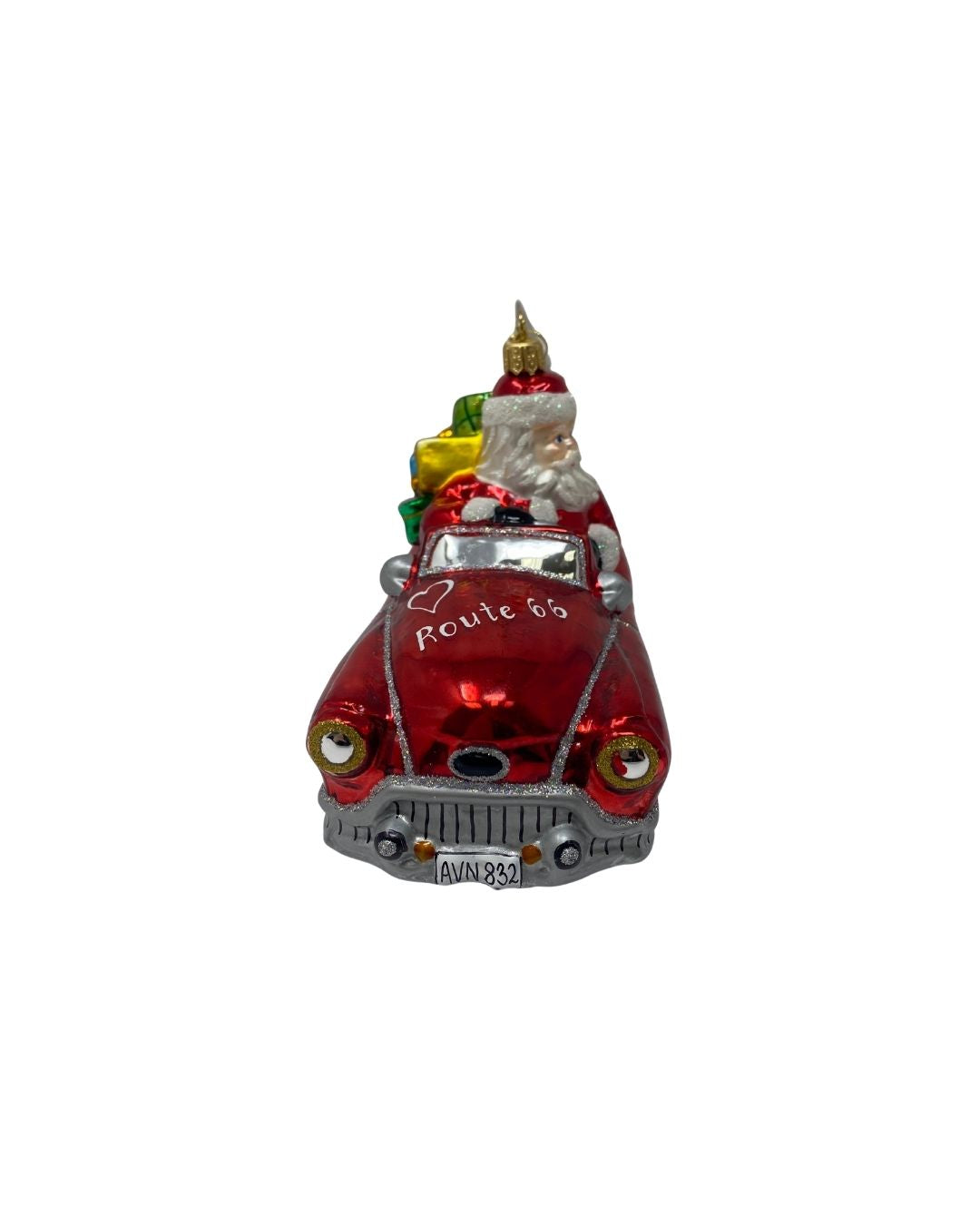 Santa's Oldsmobile glass ornament featuring Santa driving a red car with Route 66 on the hood.