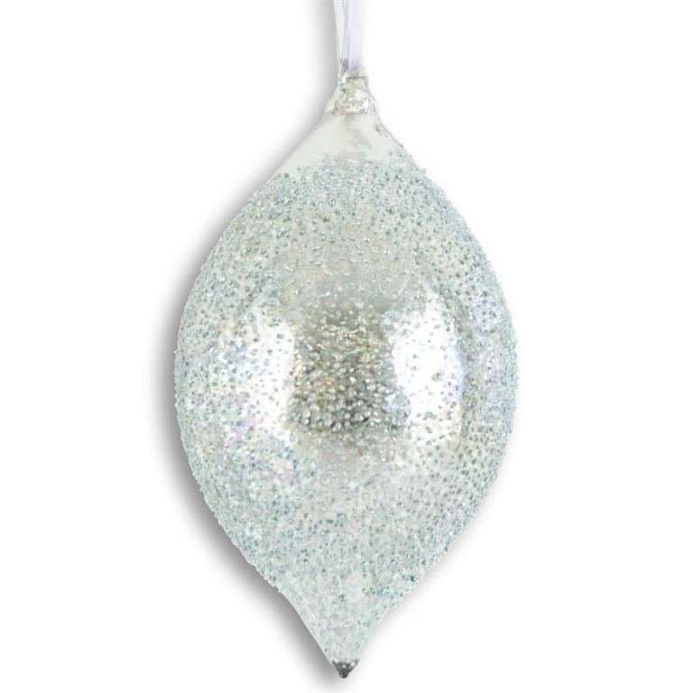 8.5 inch light blue textured mercury glass teardrop ornament with a glittery finish.