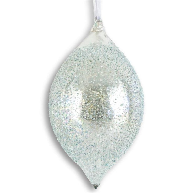 8.5 inch light blue textured mercury glass teardrop ornament with a glittery finish.
