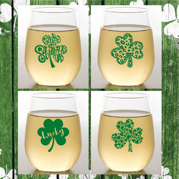 Shamrock-patterned shatterproof wine glass made from BPA-free PET polymer with a heavy silhouette.