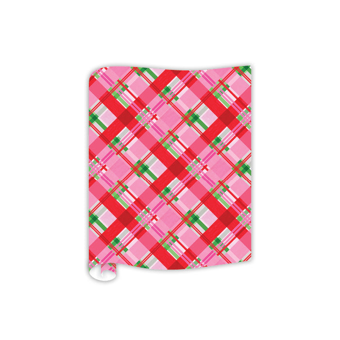 Plaid table runner with a classic checkered pattern in red, white, and blue tones.