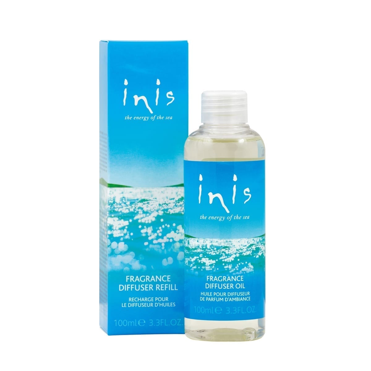 Inis Fragrance Diffuser refill bottle with clear liquid inside.