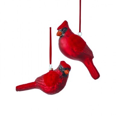 Red glass cardinal Christmas ornament with soft flocked wing and red hanging ribbon.