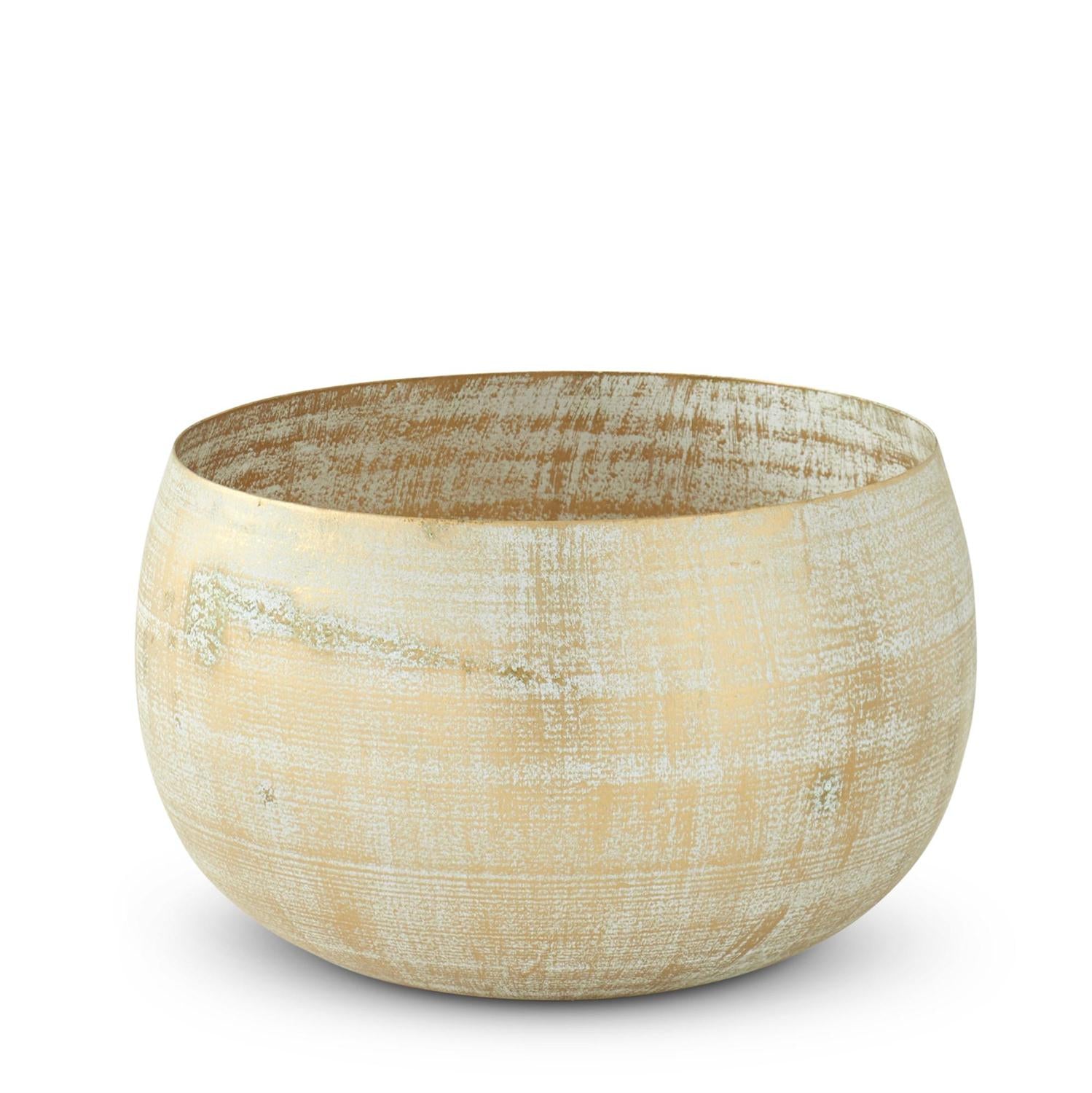 Gold metal bowl with whitewashed finish, iron material, rustic decorative silhouette.