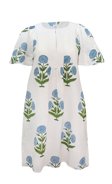 White Cindy Finley Dress with blue and green floral block print, short sleeves, and a split neck.