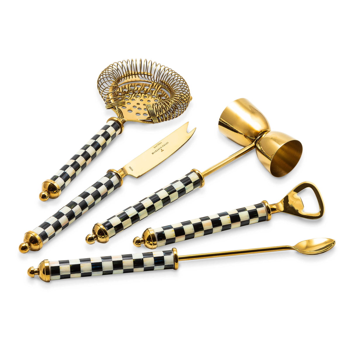 Five-piece gold bar tool set with black and white checkered handles on a white background.