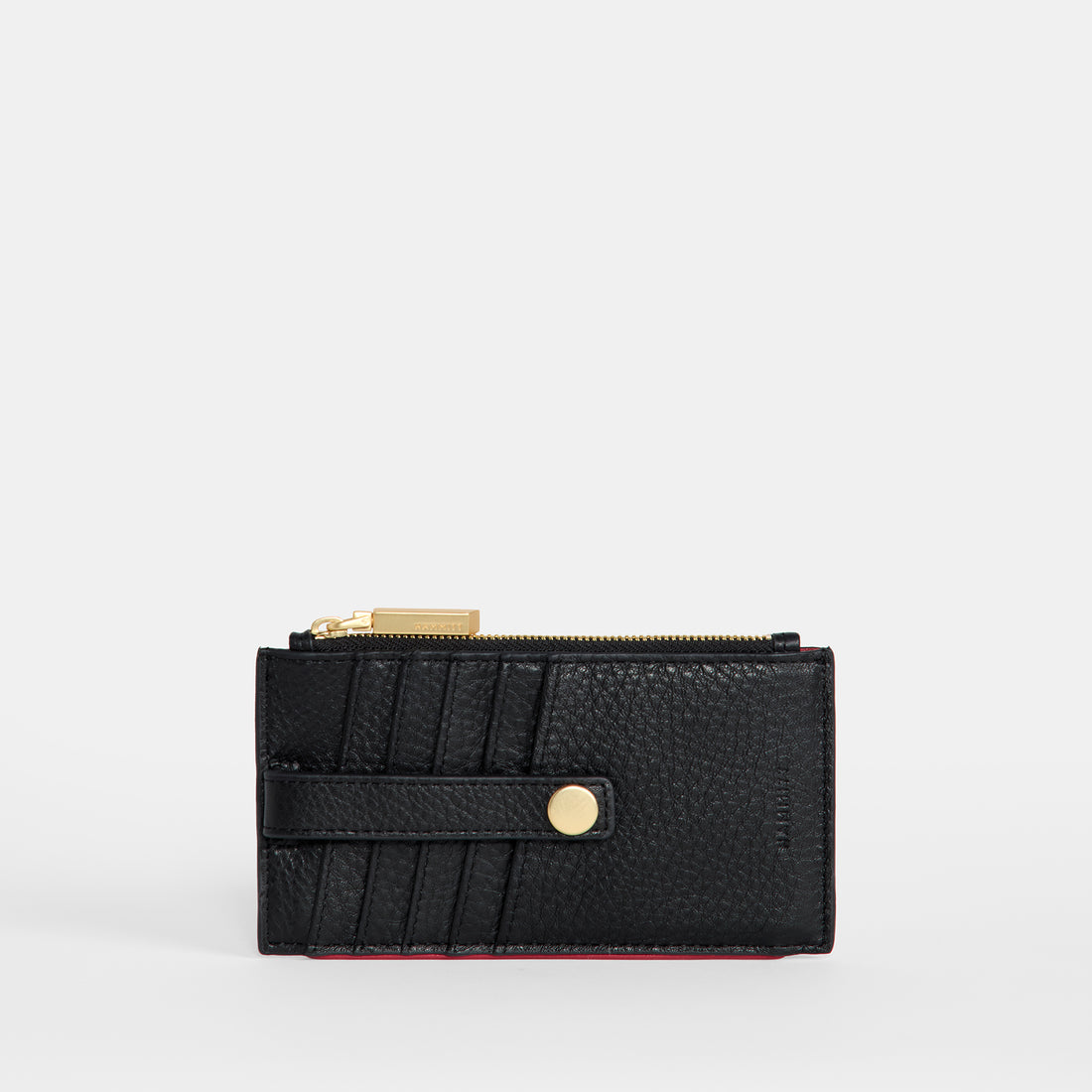 Black leather wallet with snap closure, zipper pocket, and multiple card slots.