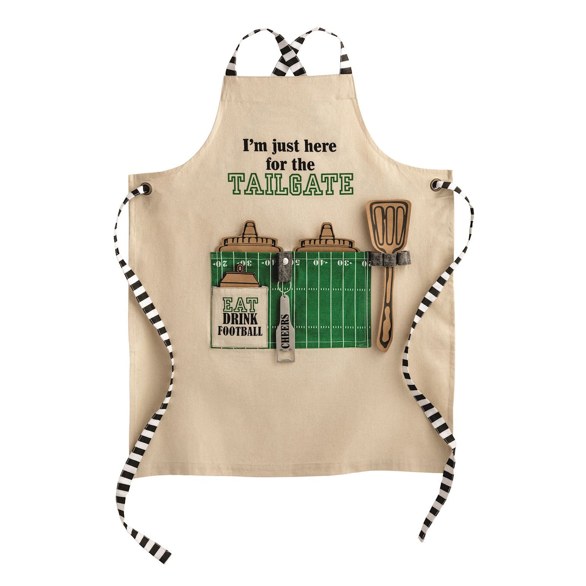 Tailgate Grill Apron with football field pockets, bottle opener, and 'Eat Drink Football' text.
