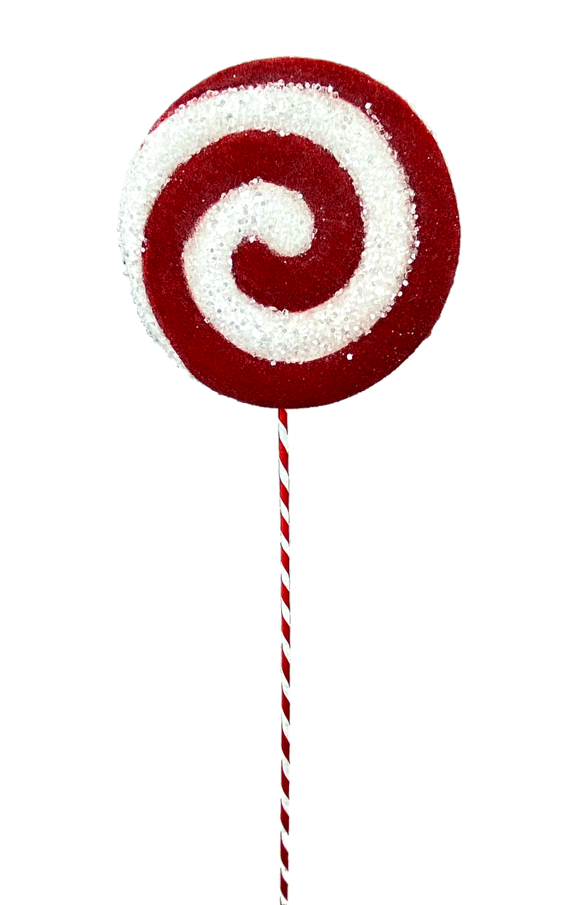 Red and white glittered swirl lollipop pick with a striped stick.