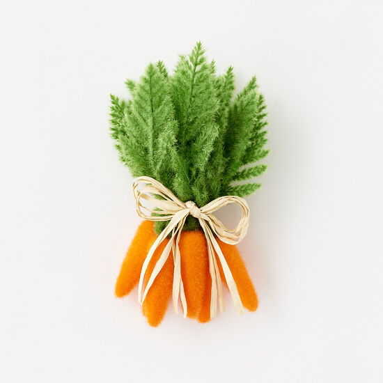 Eight-inch flocked orange carrot decoration with green leaf top made from PVC material