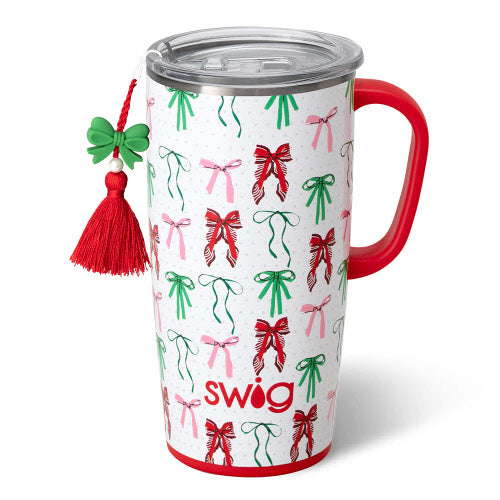 Silver stainless steel travel mug with a slim metal handle and large lid.