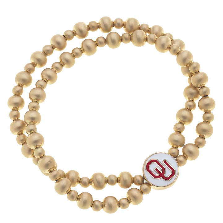 Oklahoma Sooners 2-row stretch bracelet with satin gold beads and a white OU logo charm.
