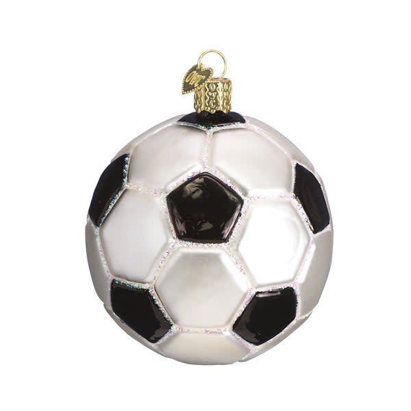 Glass soccer ball ornament with silver interior, hand-painted colorful lacquers, and glitter accents.